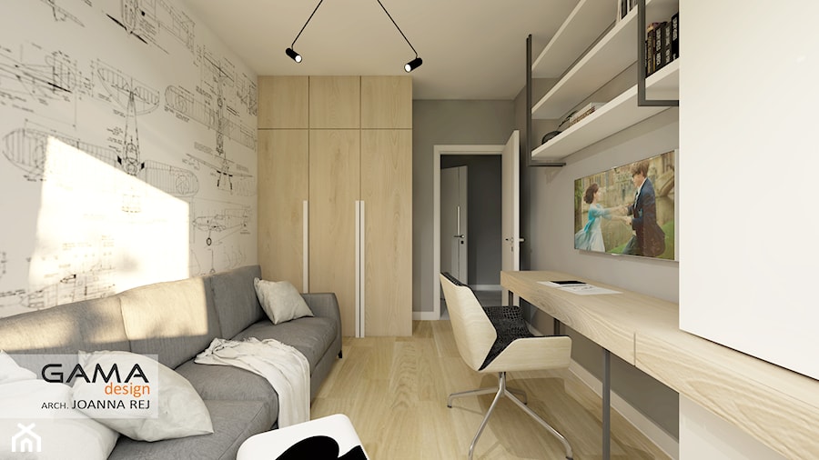 47 m2 - 2 pokoje - Średnia biała szara z biurkiem sypialnia, styl skandynawski - zdjęcie od Gama Design