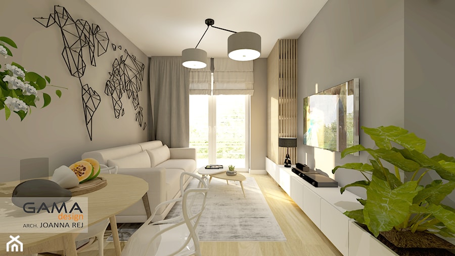 47 m2 - 2 pokoje - Średni szary salon z jadalnią, styl skandynawski - zdjęcie od Gama Design