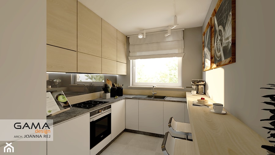 47 m2 - 2 pokoje - Średnia otwarta z zabudowaną lodówką z nablatowym zlewozmywakiem kuchnia w kształcie litery l w kształcie litery u z oknem, styl skandynawski - zdjęcie od Gama Design
