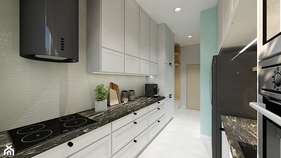 Stylizowane wnętrza - Średnia biała niebieska z zabudowaną lodówką z lodówką wolnostojącą z podblatowym zlewozmywakiem kuchnia dwurzędowa, styl nowoczesny - zdjęcie od Gama Design