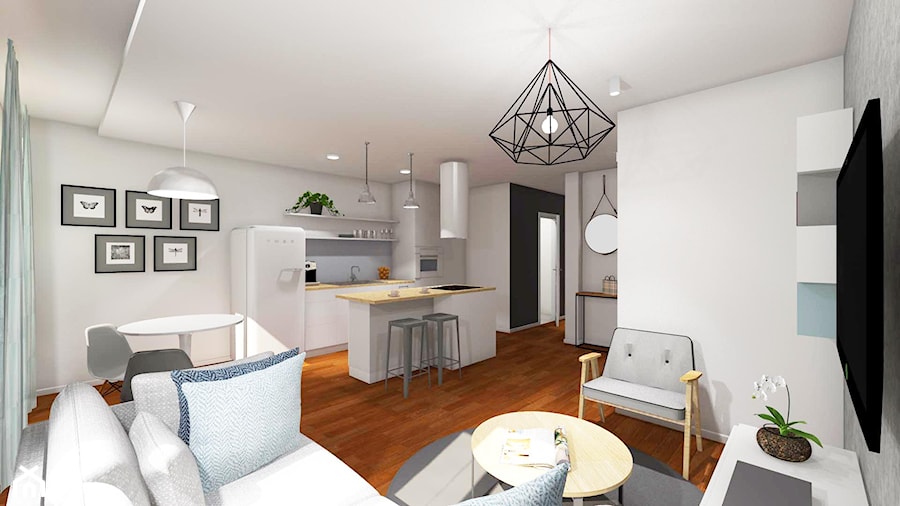 46m2 mieszkanie w bloku - Średni biały salon z kuchnią z jadalnią, styl skandynawski - zdjęcie od Grant Studio