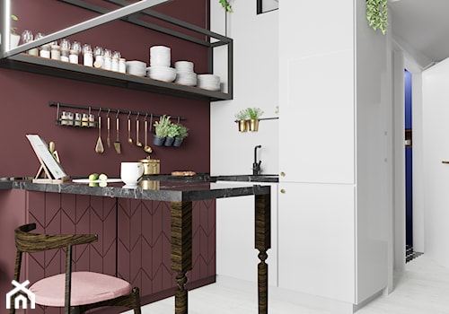 Apartament eklektyczny MINIMAXY - Mała otwarta biała fioletowa z zabudowaną lodówką z podblatowym zlewozmywakiem kuchnia w kształcie litery u, styl nowoczesny - zdjęcie od M2 Architektura Marta Szolczewska