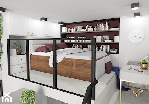 Apartament eklektyczny MINIMAXY - Mała biała z biurkiem sypialnia na antresoli, styl nowoczesny - zdjęcie od M2 Architektura Marta Szolczewska