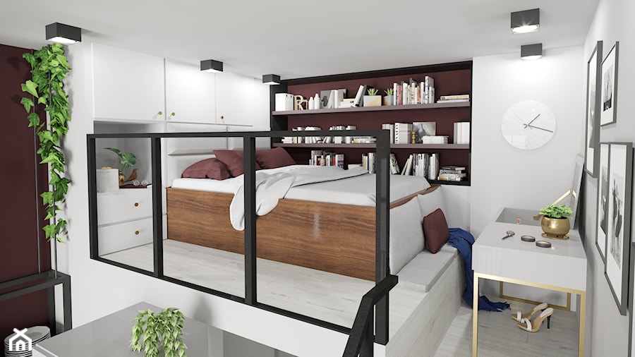 Apartament eklektyczny MINIMAXY - Mała biała z biurkiem sypialnia na antresoli, styl nowoczesny - zdjęcie od M2 Architektura Marta Szolczewska