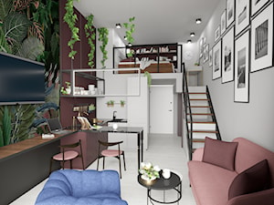 Apartament eklektyczny MINIMAXY - Mały biały różowy szary zielony salon z kuchnią z jadalnią, styl nowoczesny - zdjęcie od M2 Architektura Marta Szolczewska