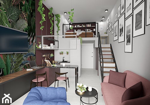 Apartament eklektyczny MINIMAXY - Mały biały różowy szary zielony salon z kuchnią z jadalnią, styl ... - zdjęcie od M2 Architektura Marta Szolczewska