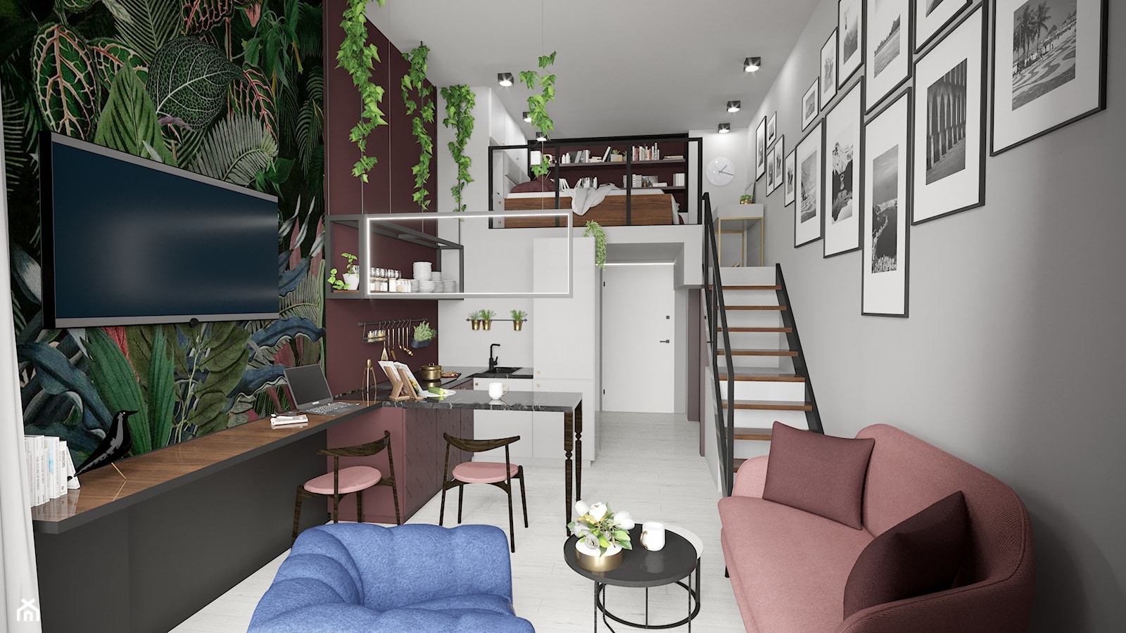 Apartament eklektyczny MINIMAXY - Mały biały różowy szary zielony salon z kuchnią z jadalnią, styl nowoczesny - zdjęcie od M2 Architektura Marta Szolczewska - Homebook