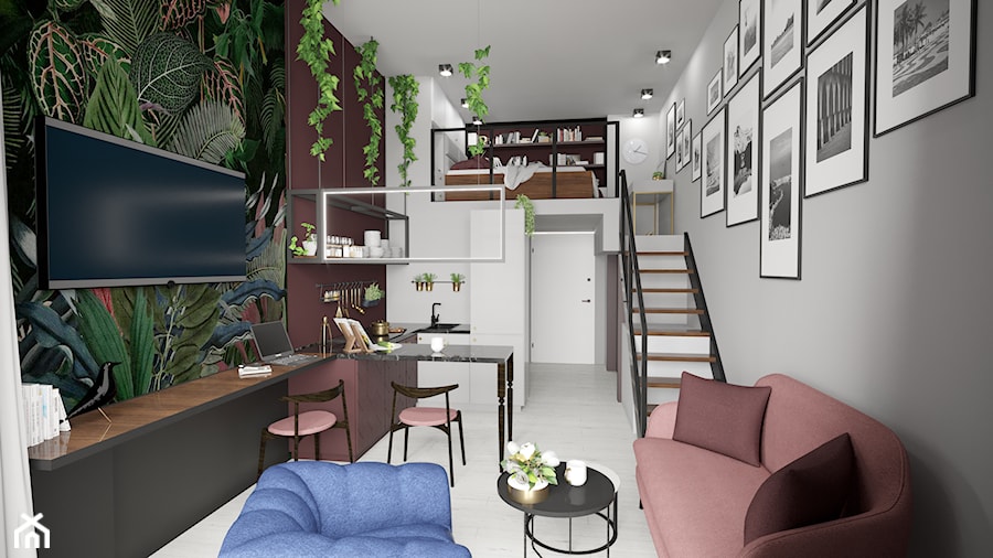 Apartament eklektyczny MINIMAXY - Mały biały różowy szary zielony salon z kuchnią z jadalnią, styl nowoczesny - zdjęcie od M2 Architektura Marta Szolczewska