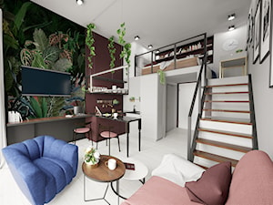 Apartament eklektyczny MINIMAXY - Mały biały szary zielony salon z kuchnią z jadalnią z antresolą, styl nowoczesny - zdjęcie od M2 Architektura Marta Szolczewska