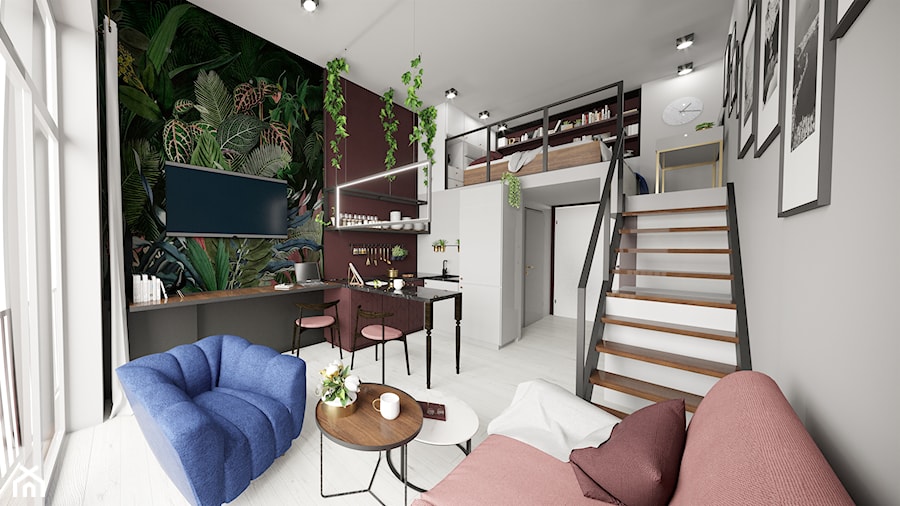 Apartament eklektyczny MINIMAXY - Mały biały szary zielony salon z kuchnią z jadalnią z antresolą, styl nowoczesny - zdjęcie od M2 Architektura Marta Szolczewska