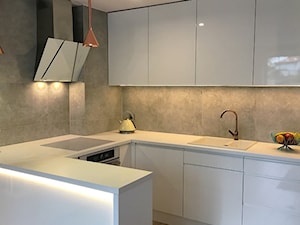Mieszkanie 100m2 Wejherowo - Mała otwarta z salonem z zabudowaną lodówką z nablatowym zlewozmywakiem kuchnia w kształcie litery g, styl nowoczesny - zdjęcie od IDS projektowanie wnętrz