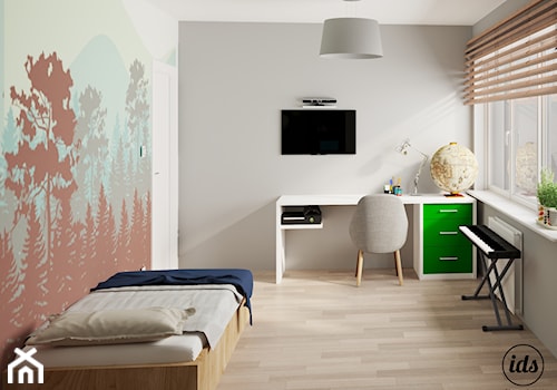 Pokoje dziecięce Hel - Średni biały szary pokój dziecka dla nastolatka dla chłopca, styl skandynawski - zdjęcie od IDS projektowanie wnętrz