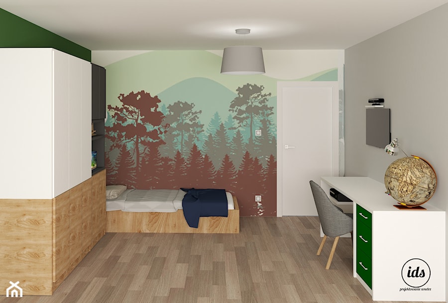 Pokoje dziecięce Hel - Średni biały szary zielony pokój dziecka dla nastolatka dla chłopca, styl skandynawski - zdjęcie od IDS projektowanie wnętrz
