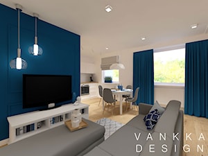 Open Space - Średni niebieski szary salon z kuchnią z jadalnią, styl nowoczesny - zdjęcie od Studio VANKKA.design