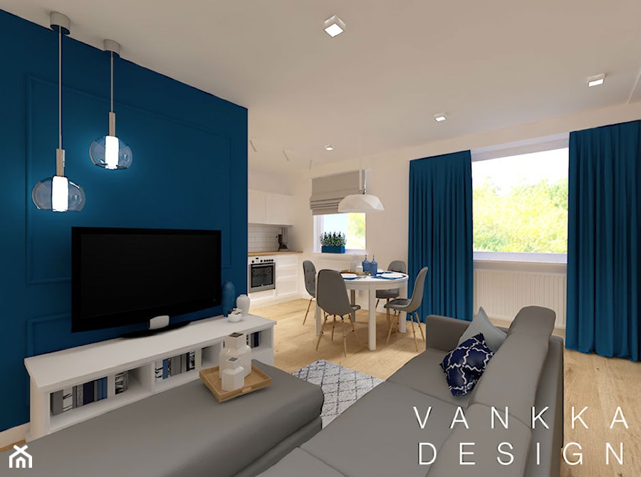 Open Space - Średni niebieski szary salon z kuchnią z jadalnią, styl nowoczesny - zdjęcie od Studio VANKKA.design