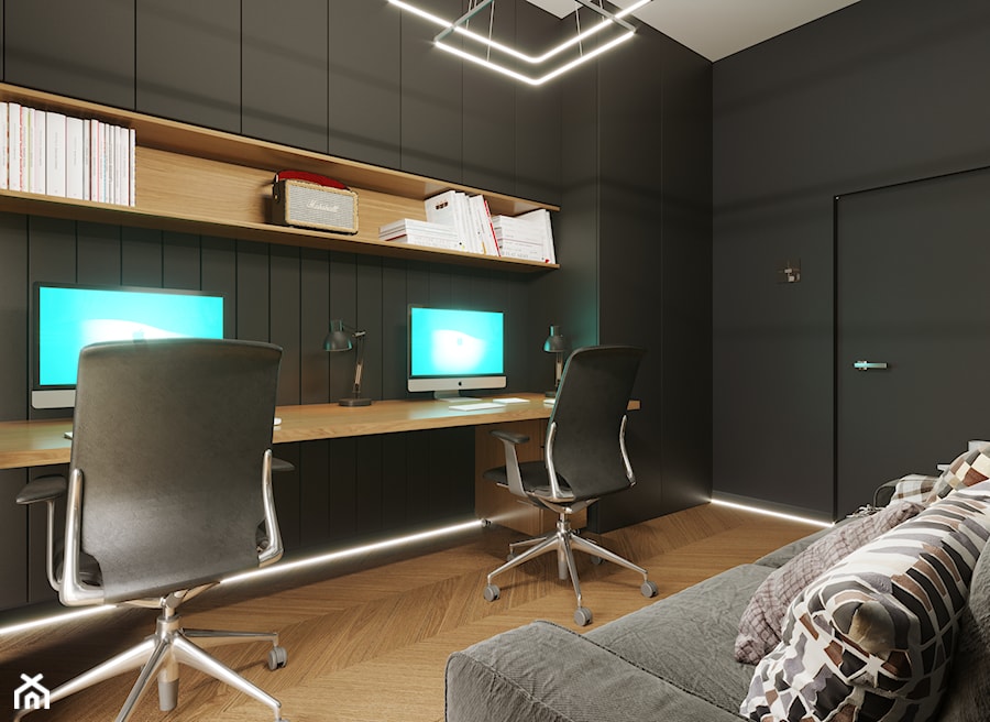 Wnętrza - Średnie w osobnym pomieszczeniu z sofą z zabudowanym biurkiem czarne biuro - zdjęcie od Marquardt Design