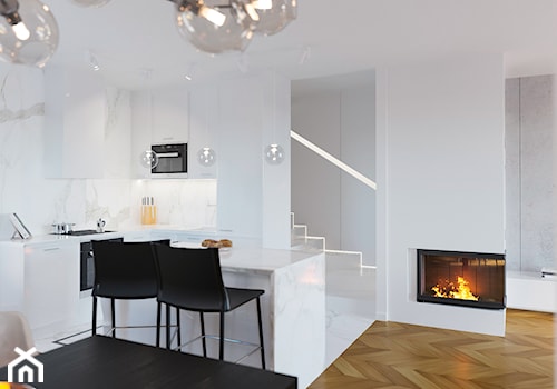 Wnętrza - Średnia otwarta z salonem biała z zabudowaną lodówką z podblatowym zlewozmywakiem kuchnia w kształcie litery l - zdjęcie od Marquardt Design