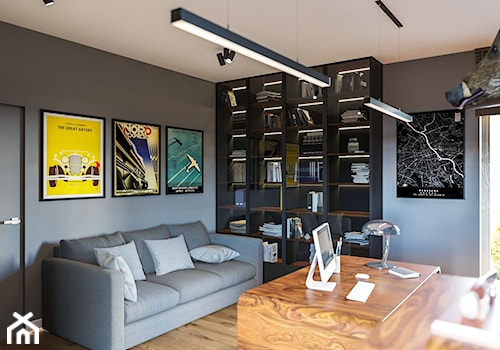 Wnętrza - Średni szary salon z bibiloteczką - zdjęcie od Marquardt Design