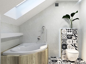 łazienka z czarno-białym patchworkiem - Mała na poddaszu z punktowym oświetleniem łazienka z oknem - zdjęcie od W.Design