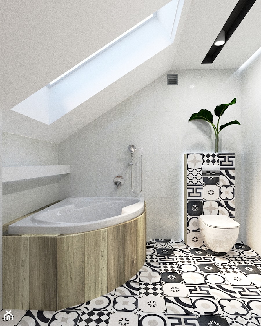 łazienka z czarno-białym patchworkiem - Mała na poddaszu z punktowym oświetleniem łazienka z oknem - zdjęcie od W.Design