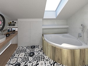 łazienka z czarno-białym patchworkiem - Mała na poddaszu z lustrem łazienka z oknem - zdjęcie od W.Design