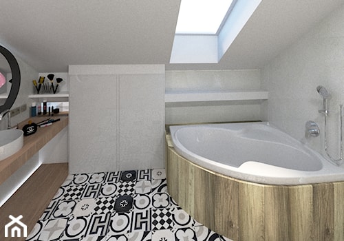 łazienka z czarno-białym patchworkiem - Mała na poddaszu z lustrem łazienka z oknem - zdjęcie od W.Design