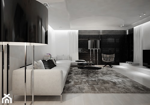 Dom B - projekt wnetrza - Duży biały salon z tarasem / balkonem, styl minimalistyczny - zdjęcie od Otwarte Studio Sztuka