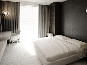 Dom B - projekt wnetrza - Duża czarna z biurkiem z panelami tapicerowanymi sypialnia, styl minimali ... - zdjęcie od Otwarte Studio Sztuka