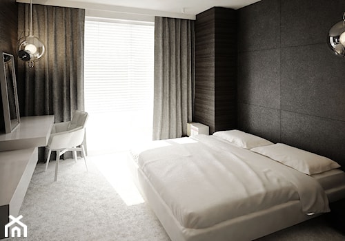 Dom B - projekt wnetrza - Duża czarna z biurkiem z panelami tapicerowanymi sypialnia, styl minimalistyczny - zdjęcie od Otwarte Studio Sztuka