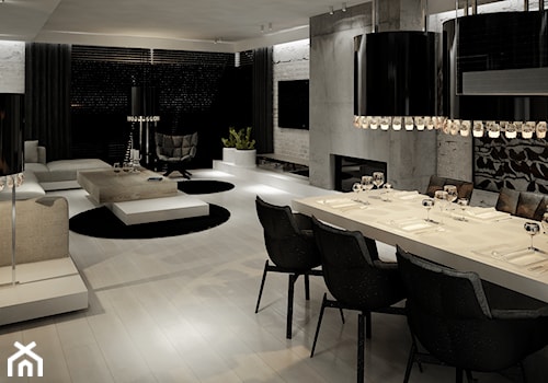 Dom B - projekt wnetrza - Duża biała szara jadalnia w salonie, styl glamour - zdjęcie od Otwarte Studio Sztuka