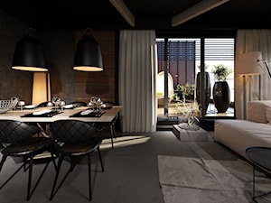 DRAFT WOOD - Średni szary salon z jadalnią z tarasem / balkonem, styl industrialny - zdjęcie od Otwarte Studio Sztuka