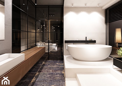 DRAFT WOOD - Duża jako pokój kąpielowy z punktowym oświetleniem łazienka z oknem, styl industrialny - zdjęcie od Otwarte Studio Sztuka