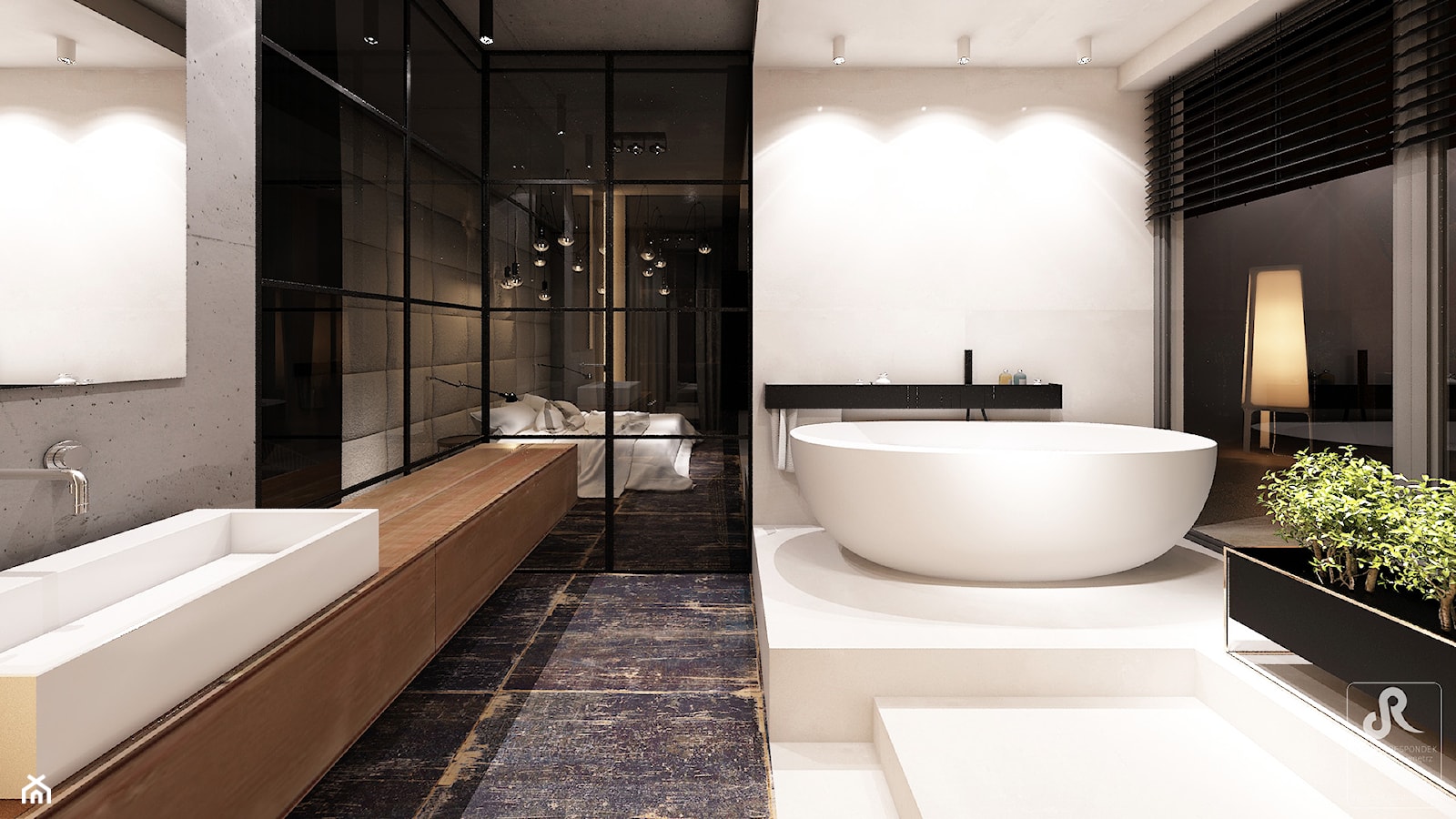 DRAFT WOOD - Duża jako pokój kąpielowy z punktowym oświetleniem łazienka z oknem, styl industrialny - zdjęcie od Otwarte Studio Sztuka - Homebook