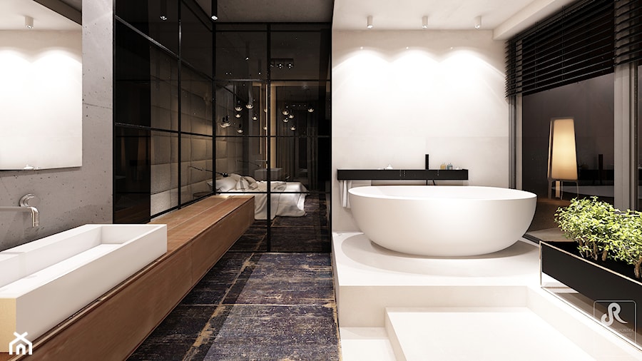 DRAFT WOOD - Duża jako pokój kąpielowy z punktowym oświetleniem łazienka z oknem, styl industrialny - zdjęcie od Otwarte Studio Sztuka