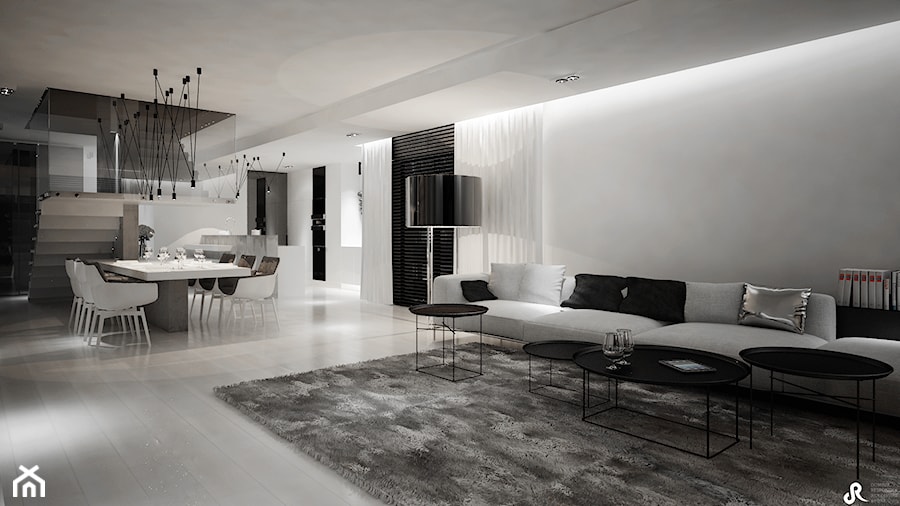 Dom B - projekt wnetrza - Duży biały salon z jadalnią, styl minimalistyczny - zdjęcie od Otwarte Studio Sztuka