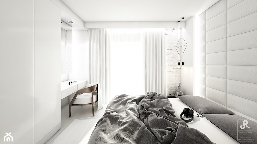 jazz house - Średnia biała z panelami tapicerowanymi sypialnia, styl nowoczesny - zdjęcie od Otwarte Studio Sztuka