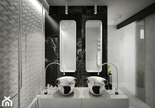 Dom B - projekt wnetrza - Mała bez okna z dwoma umywalkami z punktowym oświetleniem łazienka, styl glamour - zdjęcie od Otwarte Studio Sztuka