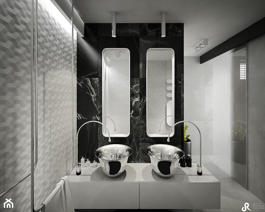 Dom B - projekt wnetrza - Mała bez okna z dwoma umywalkami z punktowym oświetleniem łazienka, styl glamour - zdjęcie od Otwarte Studio Sztuka