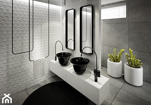 Dom B - projekt wnetrza - Średnia z lustrem z dwoma umywalkami z punktowym oświetleniem łazienka z oknem, styl glamour - zdjęcie od Otwarte Studio Sztuka