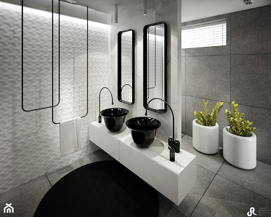 Dom B - projekt wnetrza - Średnia z lustrem z dwoma umywalkami z punktowym oświetleniem łazienka z oknem, styl glamour - zdjęcie od Otwarte Studio Sztuka