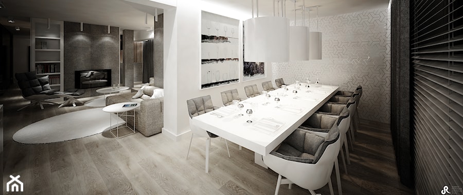 Lifting domu F - projekt wnetrza - Średnia biała jadalnia jako osobne pomieszczenie, styl nowoczesny - zdjęcie od Otwarte Studio Sztuka