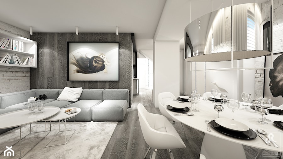 deep focus - Średni biały szary salon z jadalnią, styl minimalistyczny - zdjęcie od Otwarte Studio Sztuka