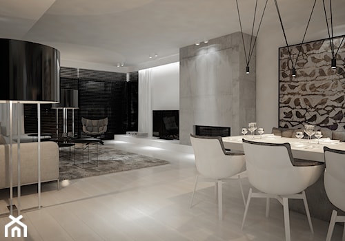 Dom B - projekt wnetrza - Duży biały szary salon z jadalnią, styl minimalistyczny - zdjęcie od Otwarte Studio Sztuka