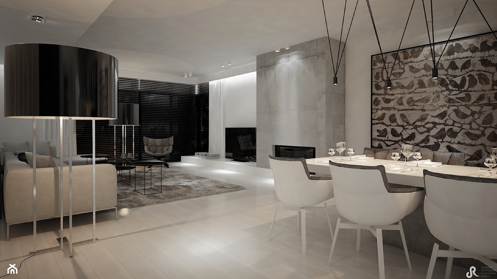Dom B - projekt wnetrza - Duży biały szary salon z jadalnią, styl minimalistyczny - zdjęcie od Otwarte Studio Sztuka - Homebook