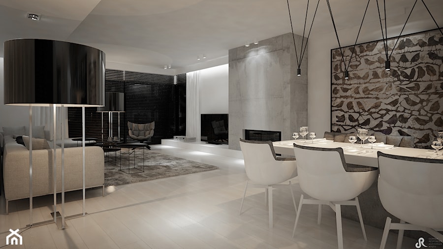 Dom B - projekt wnetrza - Duży biały szary salon z jadalnią, styl minimalistyczny - zdjęcie od Otwarte Studio Sztuka