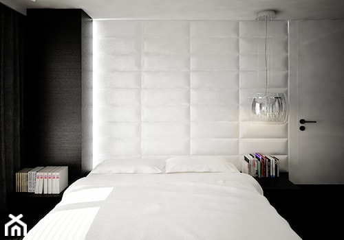 Dom B - projekt wnetrza - Średnia biała czarna z panelami tapicerowanymi sypialnia, styl glamour - zdjęcie od Otwarte Studio Sztuka