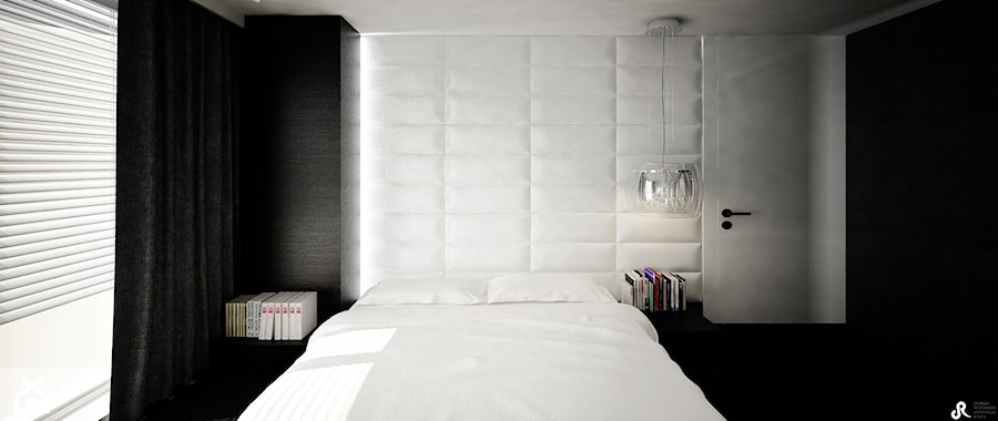 Dom B - projekt wnetrza - Średnia biała czarna z panelami tapicerowanymi sypialnia, styl glamour - zdjęcie od Otwarte Studio Sztuka