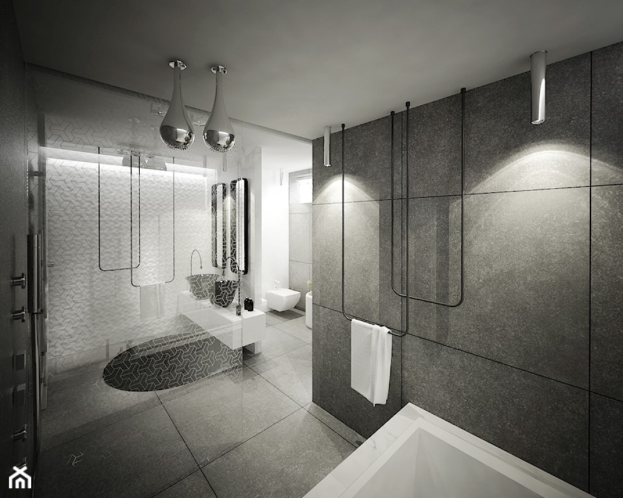 Dom B - projekt wnetrza - Duża bez okna z punktowym oświetleniem łazienka, styl glamour - zdjęcie od Otwarte Studio Sztuka