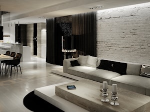 Dom B - projekt wnetrza - Duży biały salon z kuchnią z jadalnią, styl glamour - zdjęcie od Otwarte Studio Sztuka