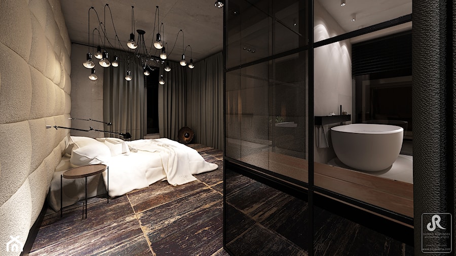 DRAFT WOOD - Duża beżowa sypialnia z łazienką, styl industrialny - zdjęcie od Otwarte Studio Sztuka